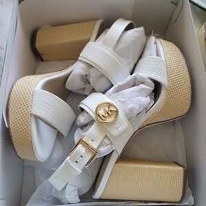 Michael Kors White and Tan Platform Sandals